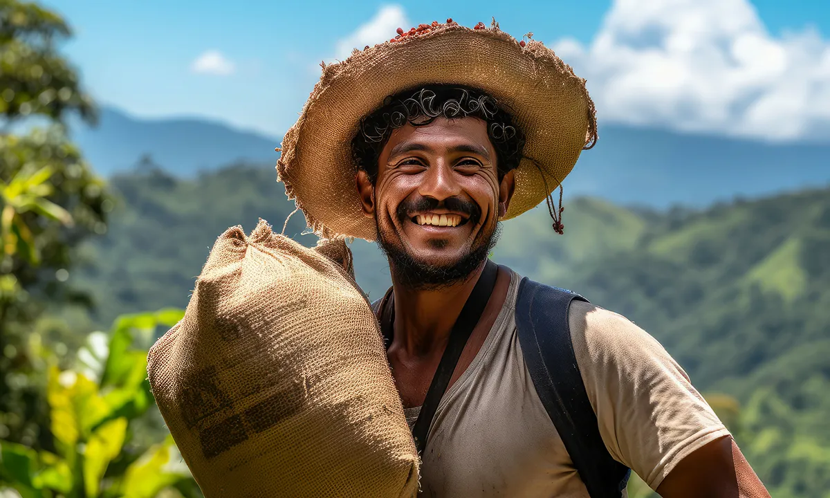 Campesino sonriente Salamina paisaje cafetero sombrero costal trabajo rural dignidad y tradición en Colombia