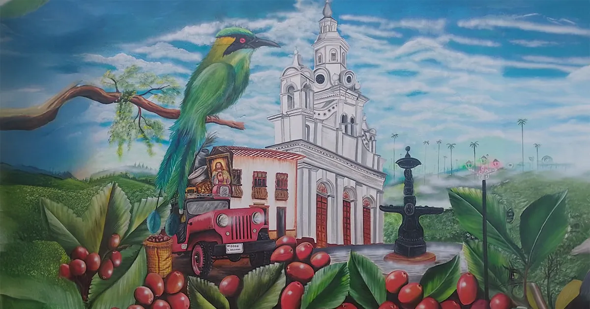 Mural cultural con Jeep Willys, iglesia colonial, aves y cafetales en Salamina, Caldas
